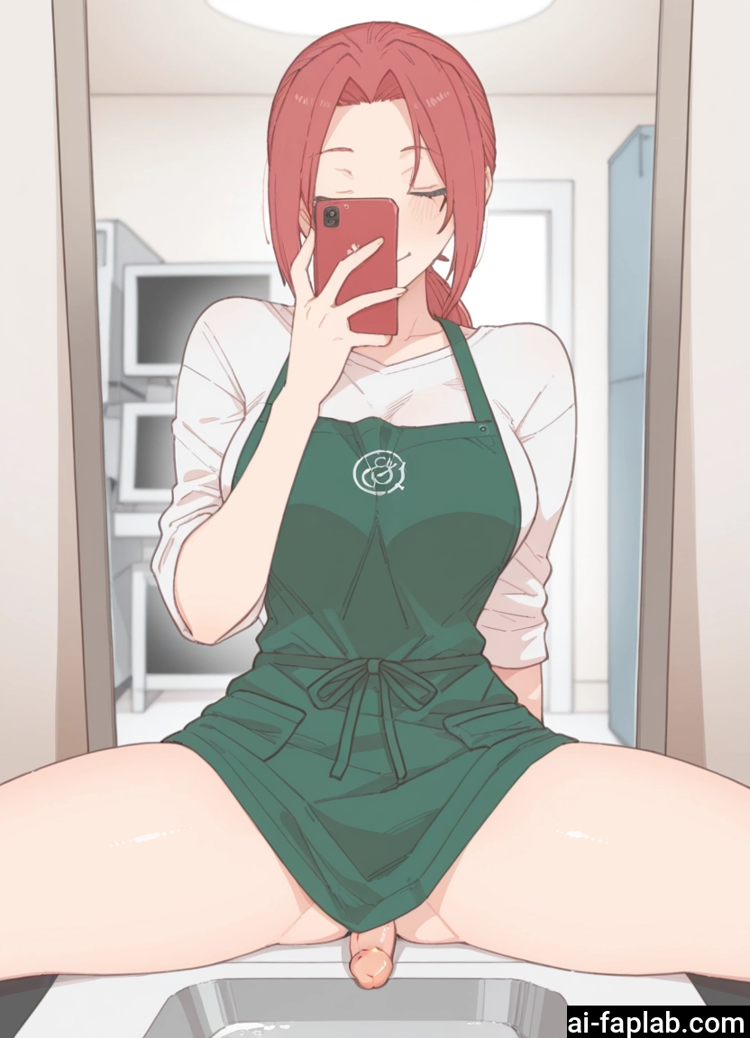 futanari, 1girl, phone, apron, penis, selfie