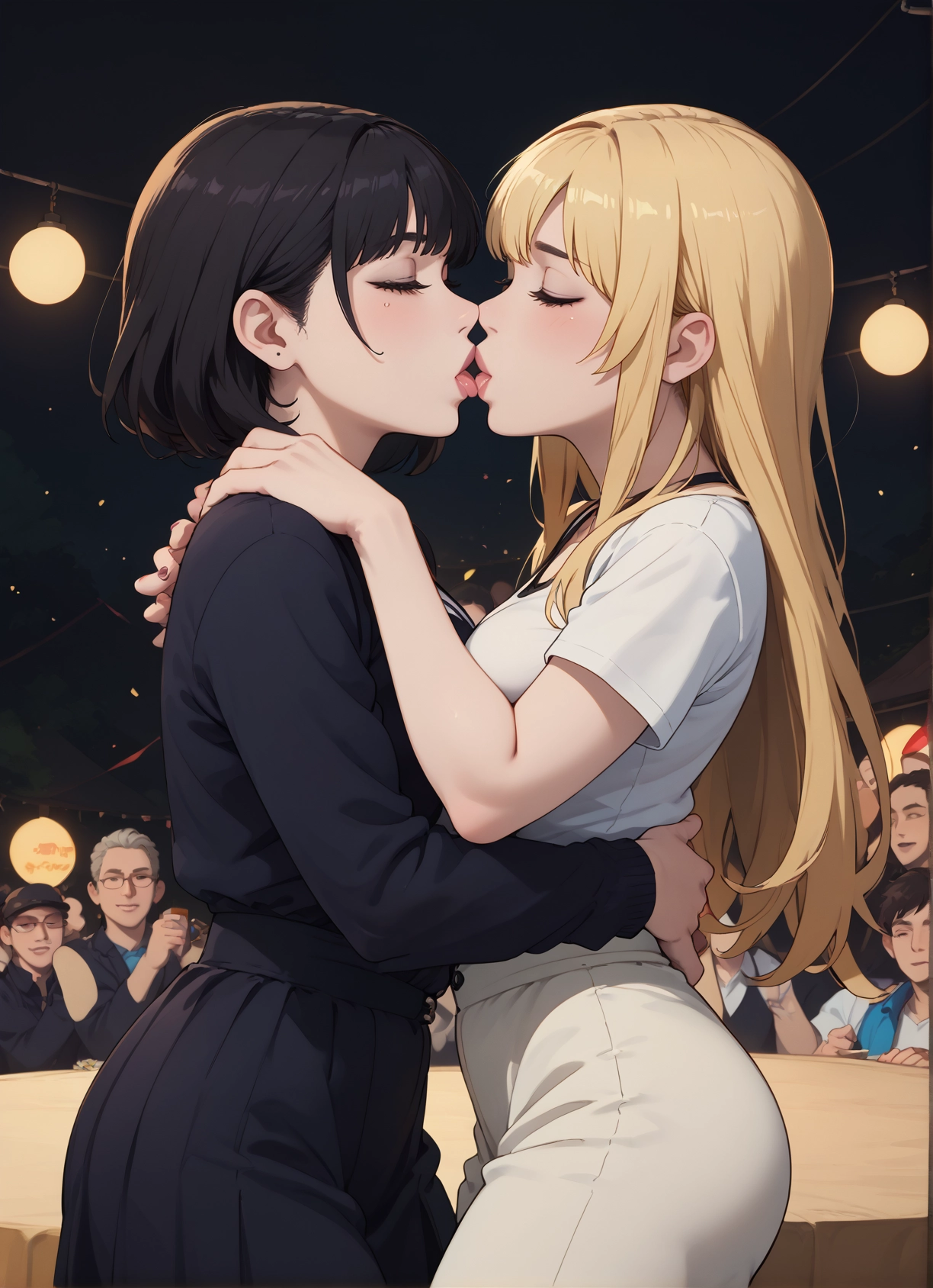 blonde hair, closed eyes, kiss, multiple girls, yuri, black hair · Yamete.gg