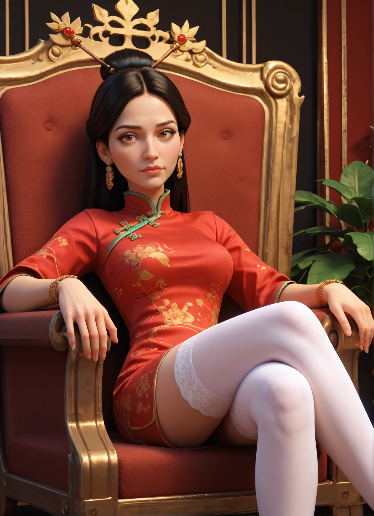 1girl, solo, thighhighs, jewelry, chinese clothes, dress · Yamete.gg