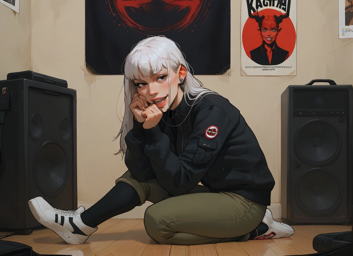 1girl, speaker, jacket, solo, long hair, shoes · Yamete.gg