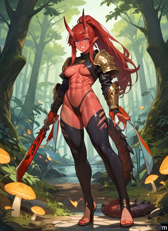1girl, weapon, horns, breasts, sword, solo · Yamete.gg