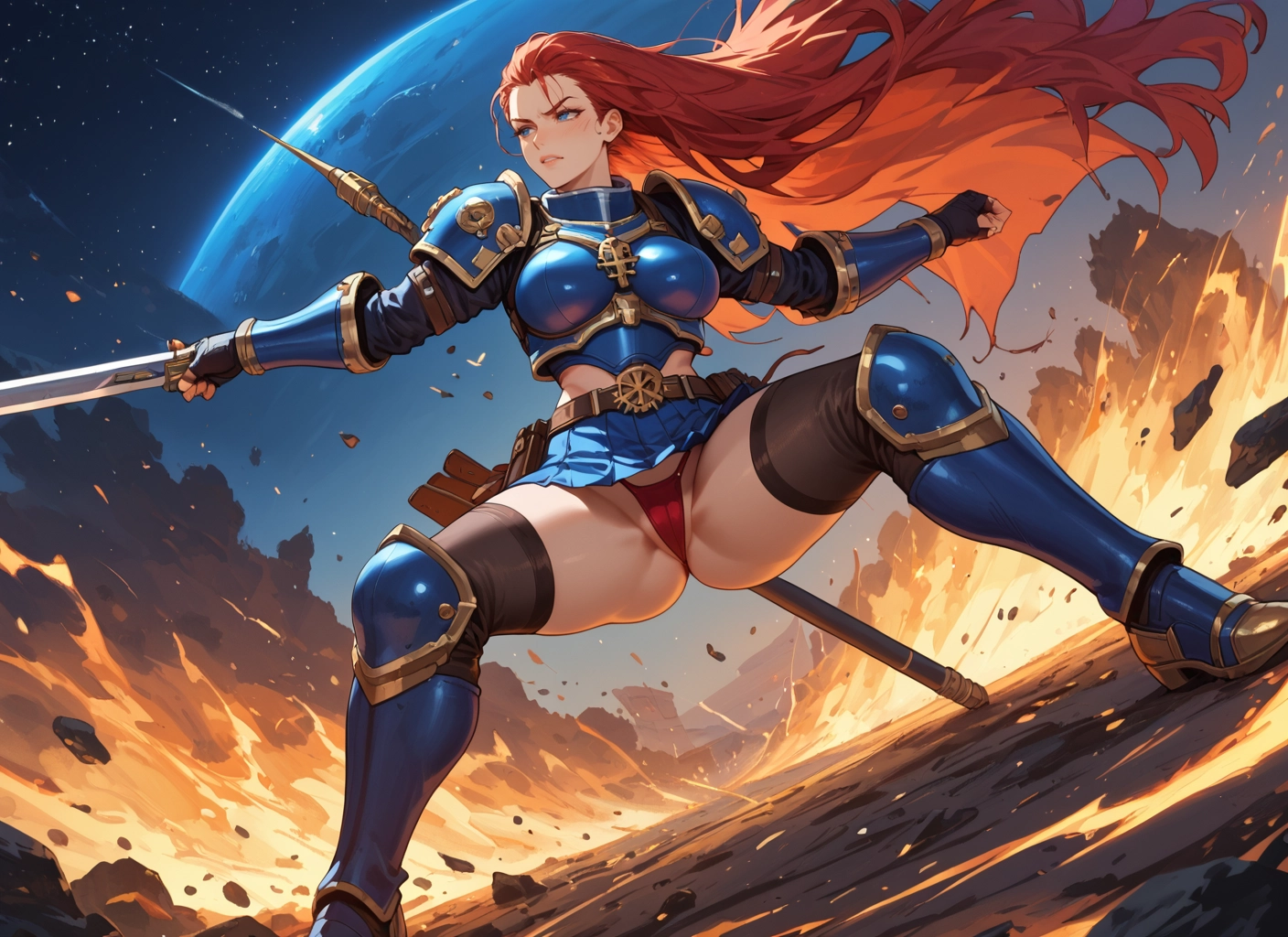 1girl, long hair, weapon, sword, armor, thighhighs · Yamete.gg