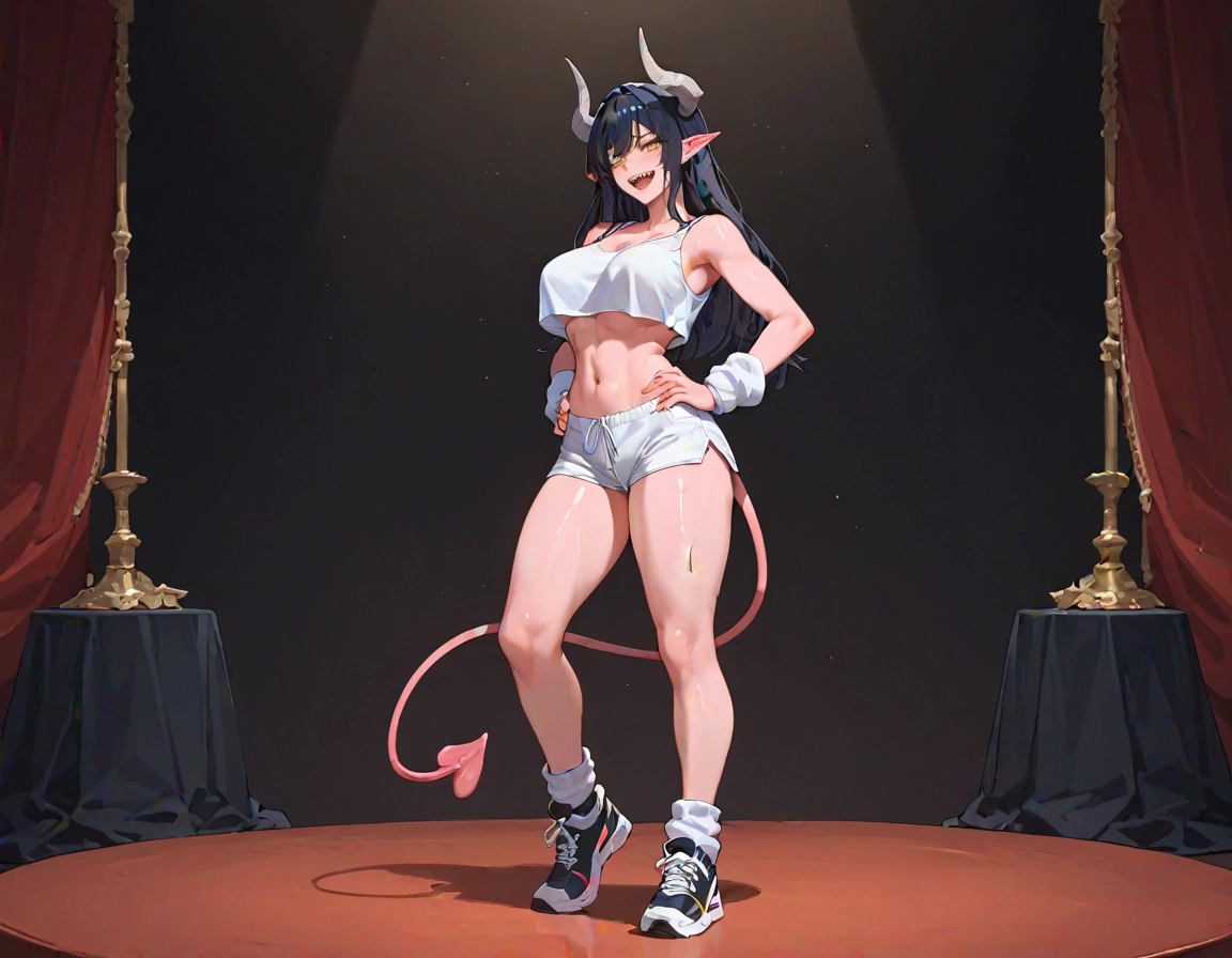 1girl, breasts, demon tail, navel, tail, horns · Yamete.gg