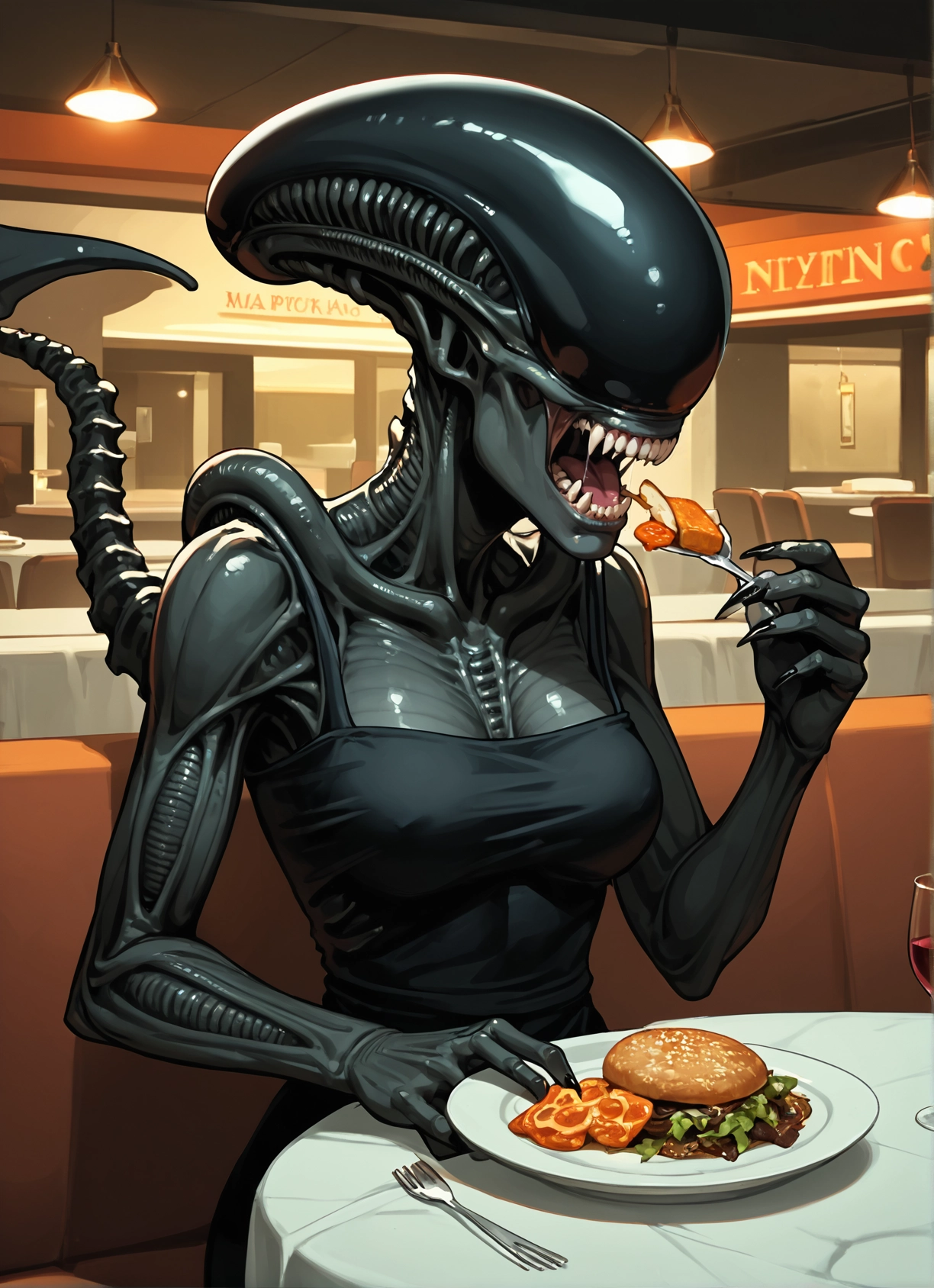 food, 1girl, fork, teeth, eating, breasts · Yamete.gg