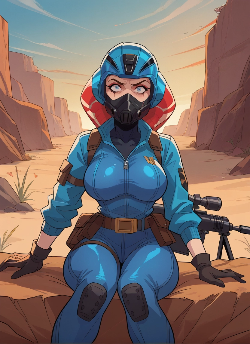 weapon, gun, 1girl, gloves, breasts, sitting · Yamete.gg