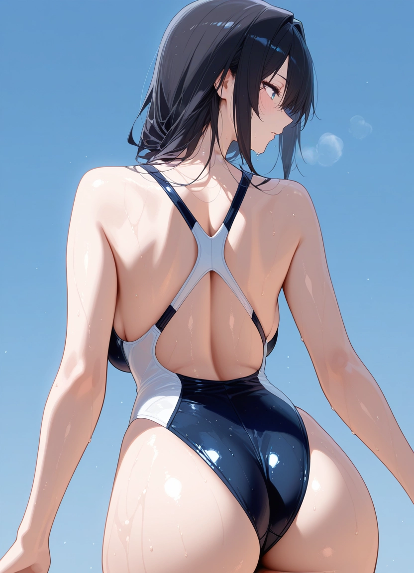 1girl, solo, ass, swimsuit, one-piece swimsuit, black hair