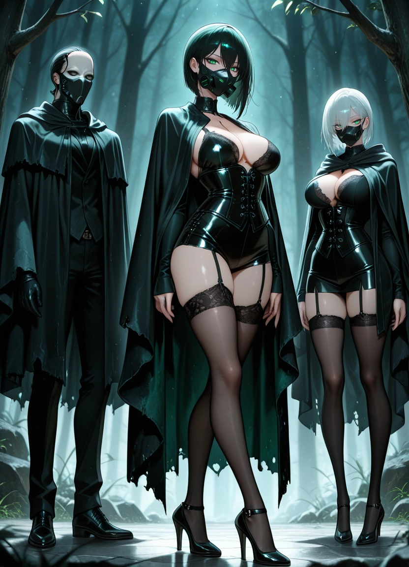 breasts, high heels, mask, green eyes, thighhighs, large breasts · Yamete.gg