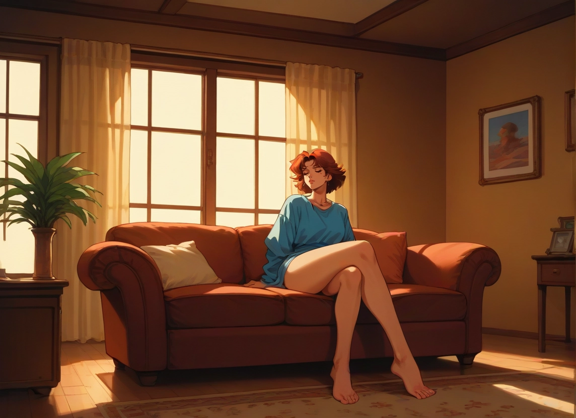 1girl, barefoot, couch, sitting, solo, short hair · Yamete.gg