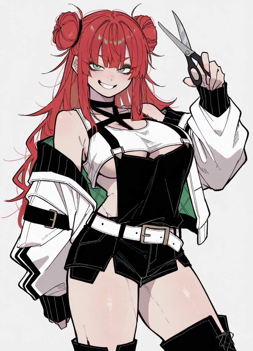 1girl, breasts, double bun, green eyes, scissors, solo · Yamete.gg