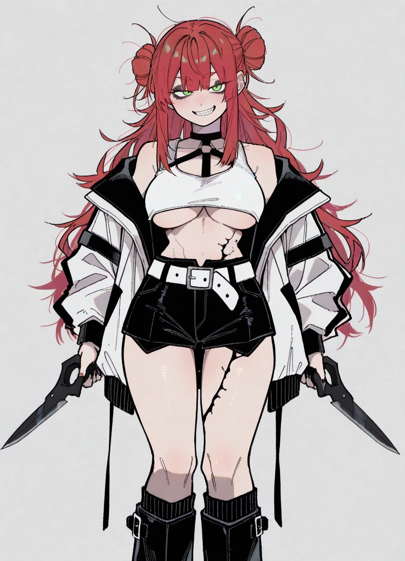 1girl, breasts, solo, double bun, jacket, green eyes · Yamete.gg