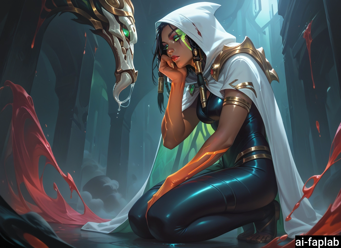 1girl, dark-skinned female, dark skin, green eyes, black hair, hood · Yamete.gg