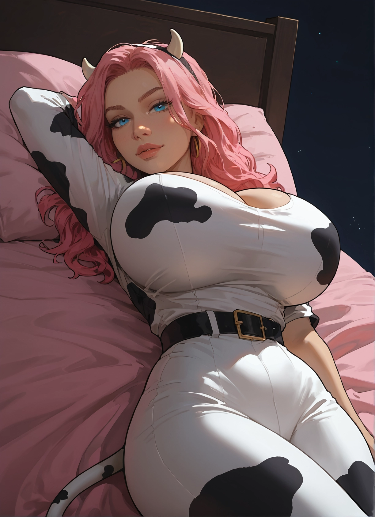 1girl, breasts, pink hair, animal print, cow print, blue eyes · Yamete.gg