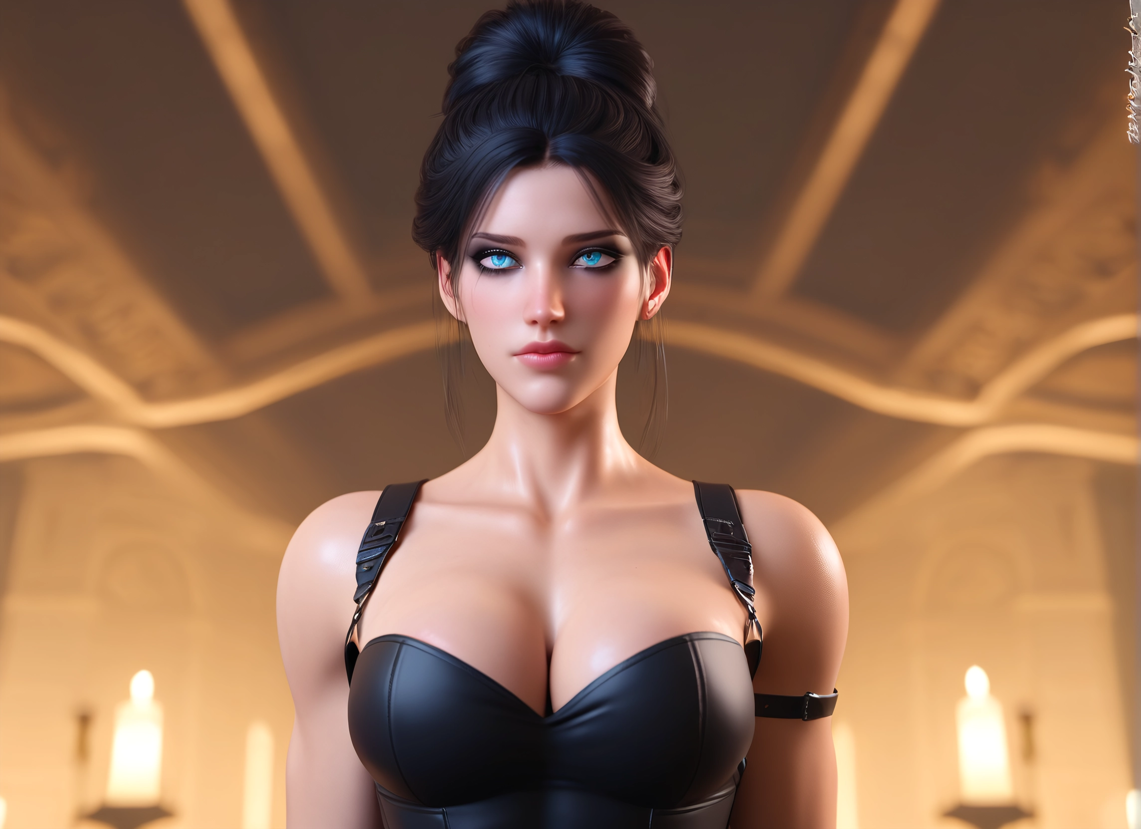 1girl, breasts, solo, blue eyes, cleavage, black hair · Yamete.gg