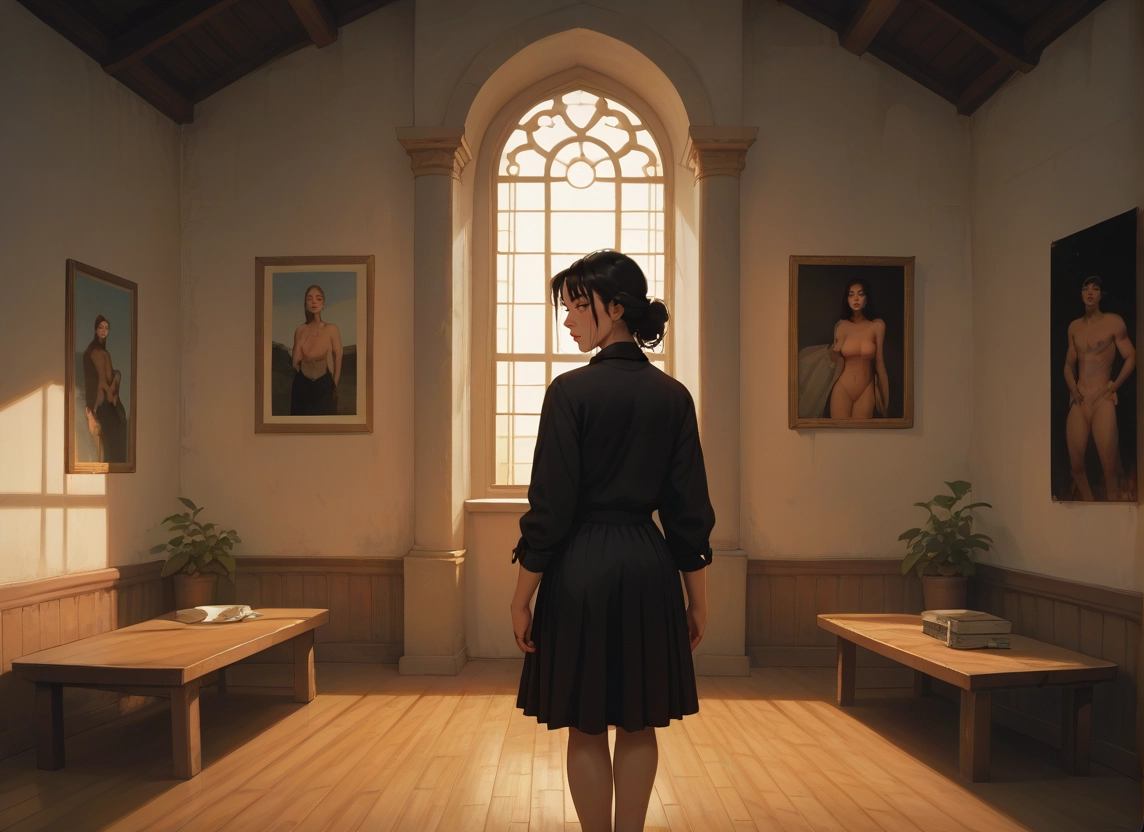 wooden floor, 1girl, indoors, table, black hair, window · Yamete.gg