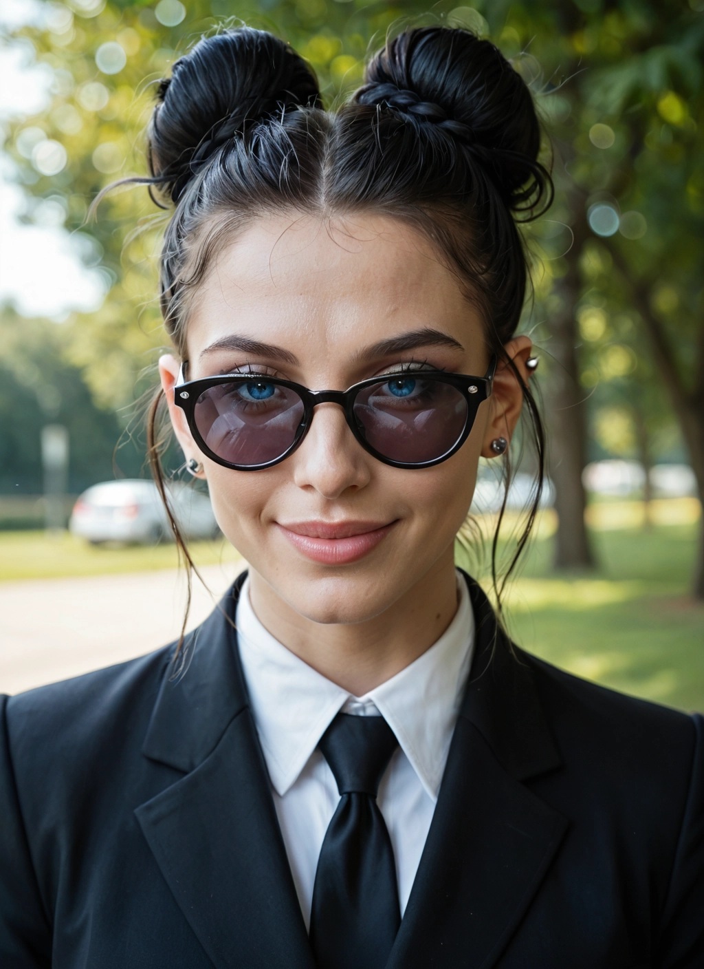 1girl, solo, necktie, sunglasses, blue eyes, double bun · Yamete.gg