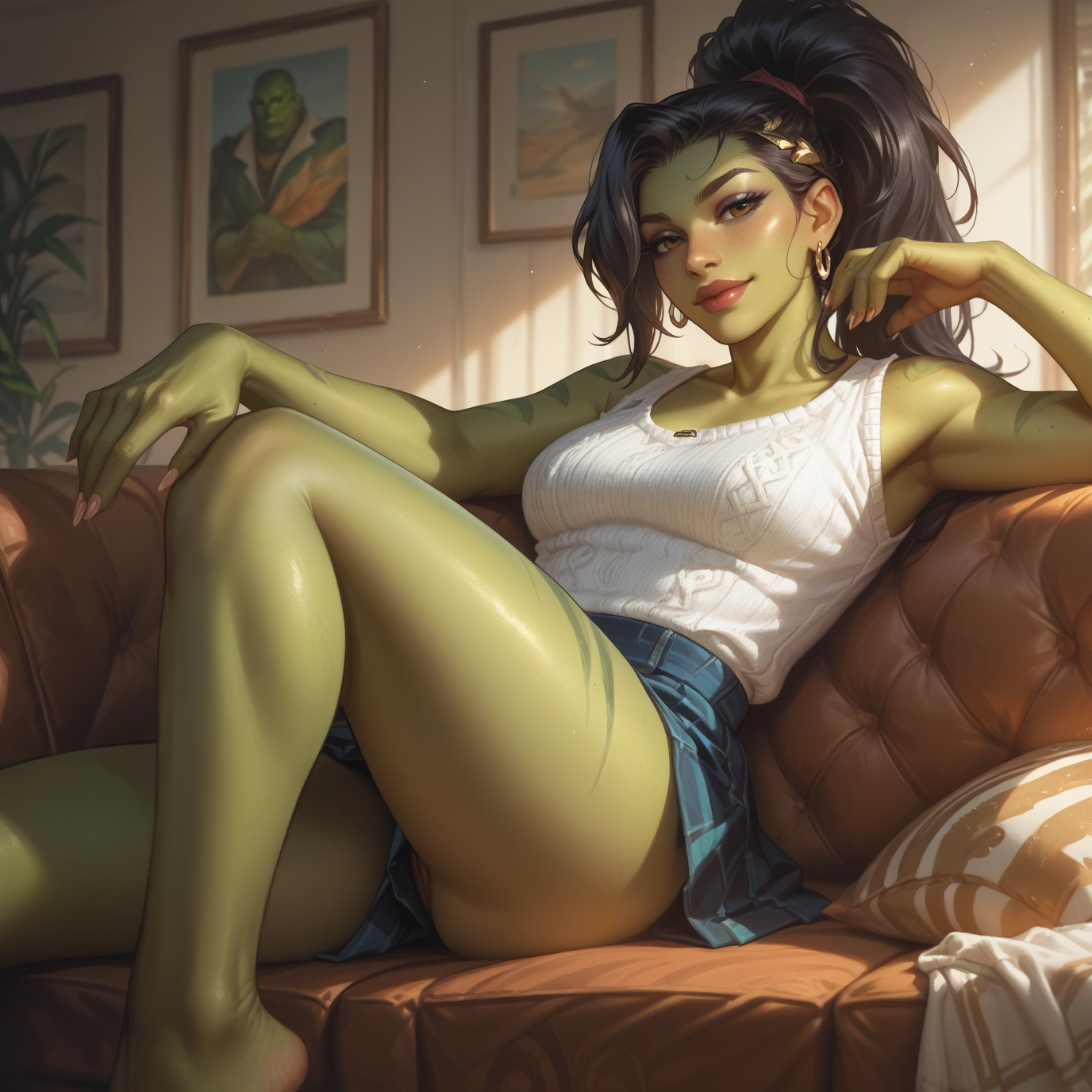 1girl, colored skin, skirt, jewelry, earrings, green skin · Yamete.gg