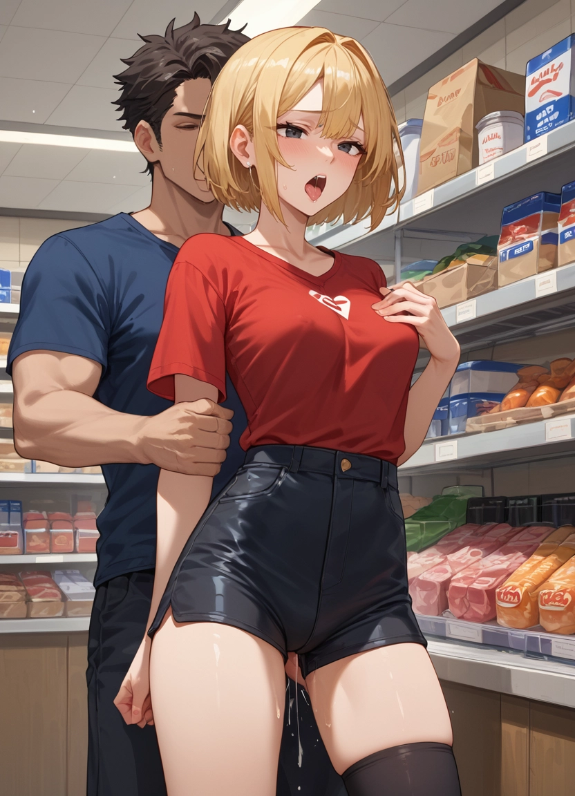 1girl, shirt, thighhighs, short hair, shorts, open mouth · Yamete.gg