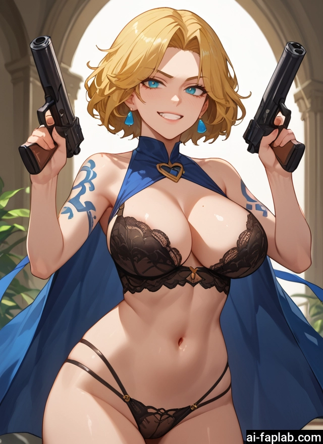 1girl, breasts, weapon, underwear, gun, blonde hair