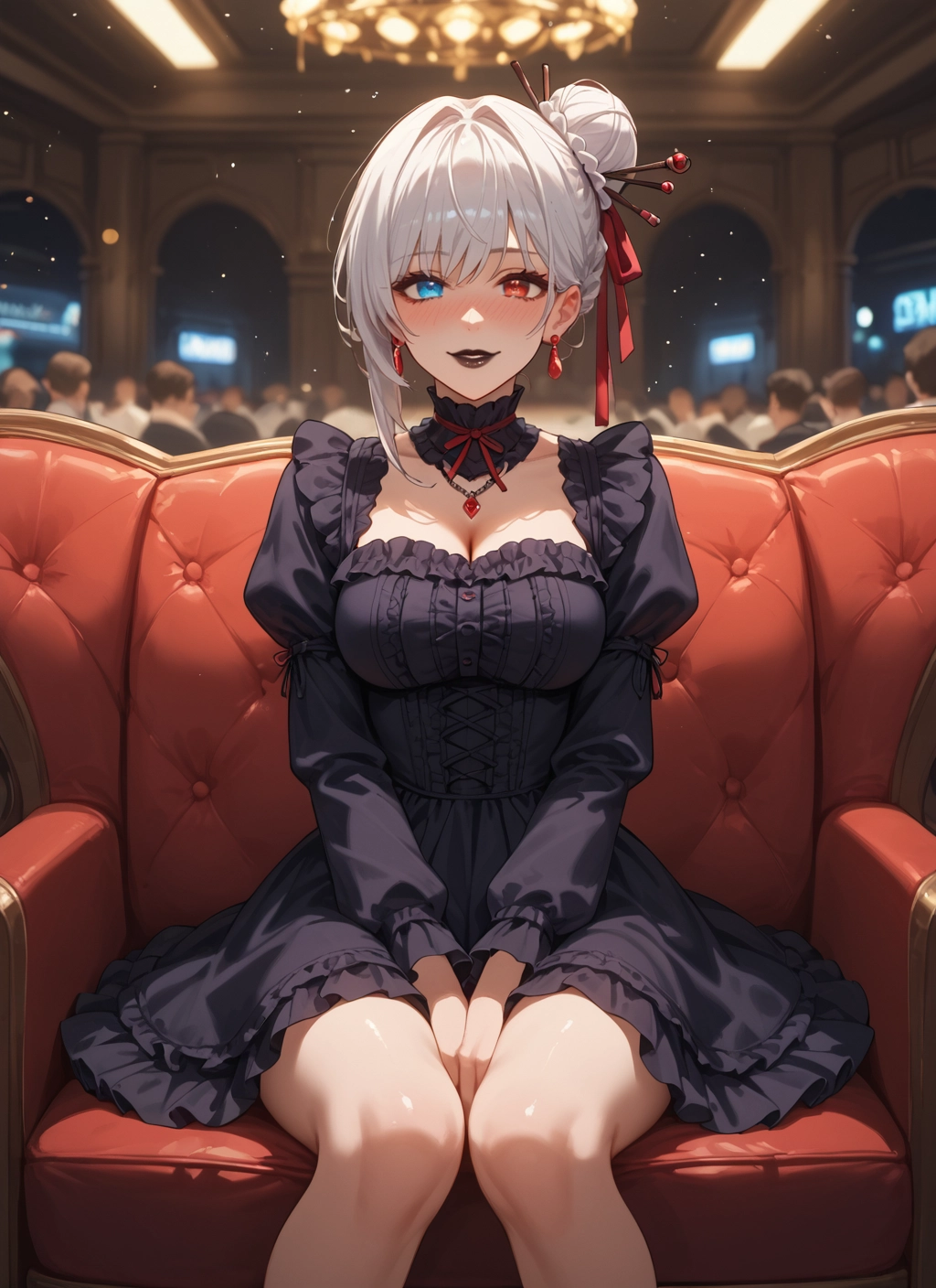breasts, 1girl, heterochromia, dress, sitting, blue eyes · Yamete.gg