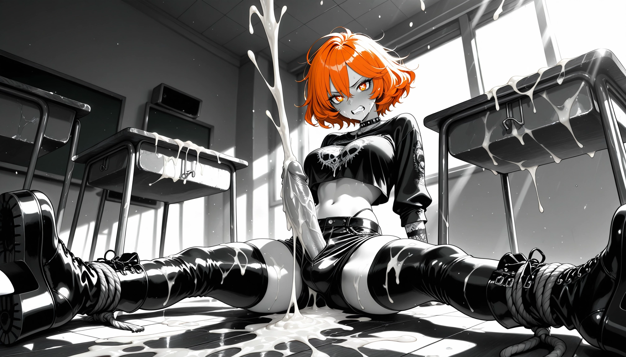 futanari, 1girl, cum, boots, orange eyes, solo · Yamete.gg