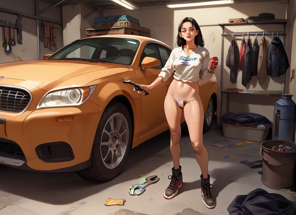 1girl, ground vehicle, motor vehicle, car, wrench, female pubic hair · Yamete.gg