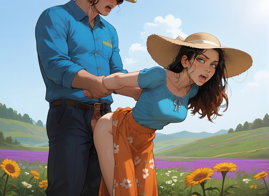 1girl, 1boy, hat, outdoors, hetero, flower · Yamete.gg