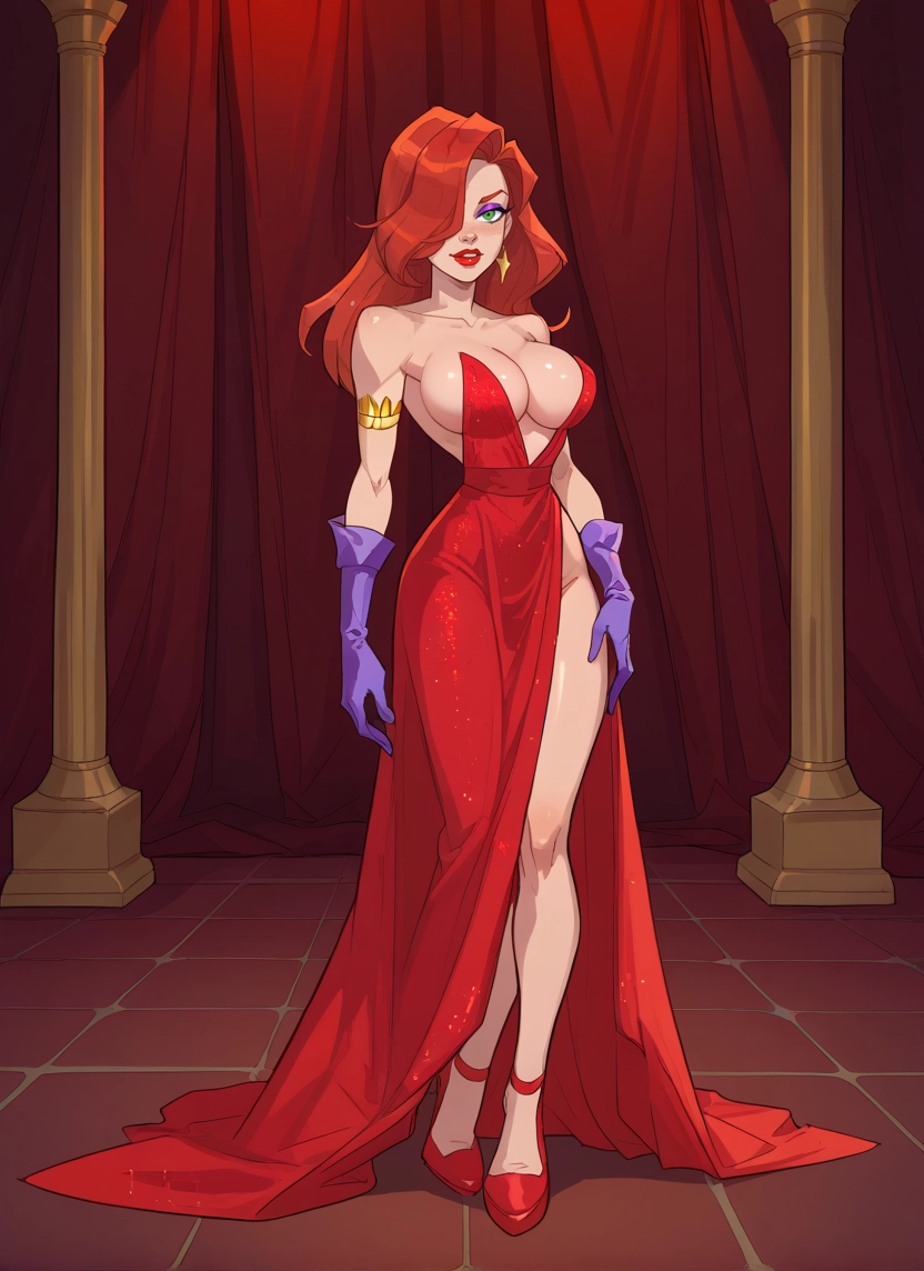 1girl, breasts, dress, gloves, hair over one eye, large breasts · Yamete.gg