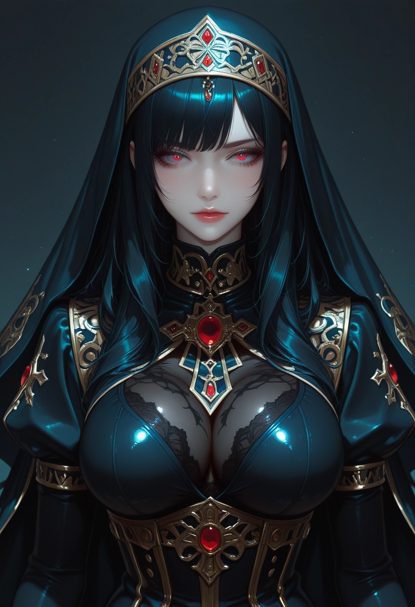 1girl, solo, breasts, black hair, looking at viewer, veil