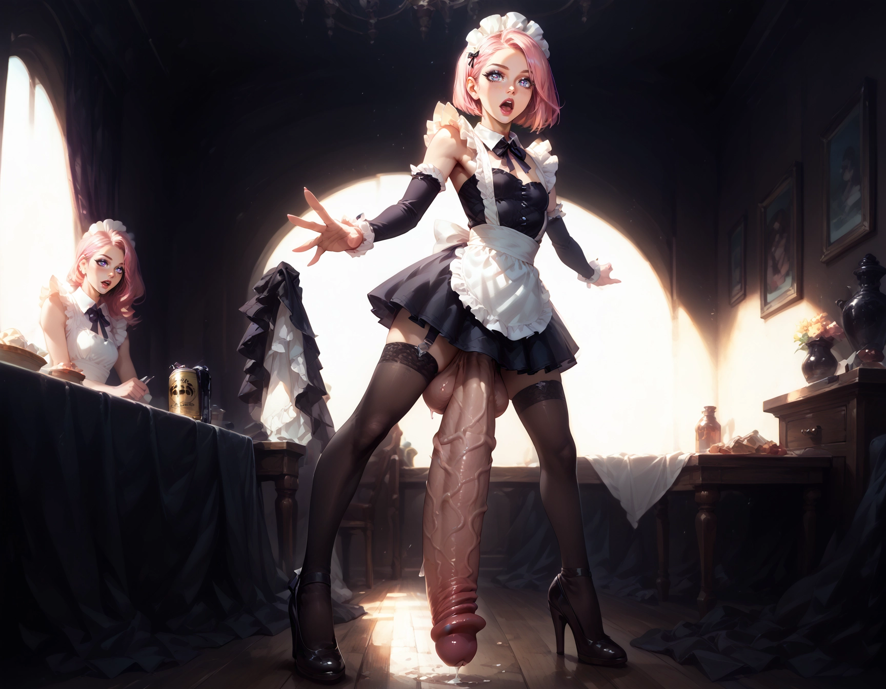 futanari, thighhighs, sex toy, maid, maid headdress, pink hair · Yamete.gg
