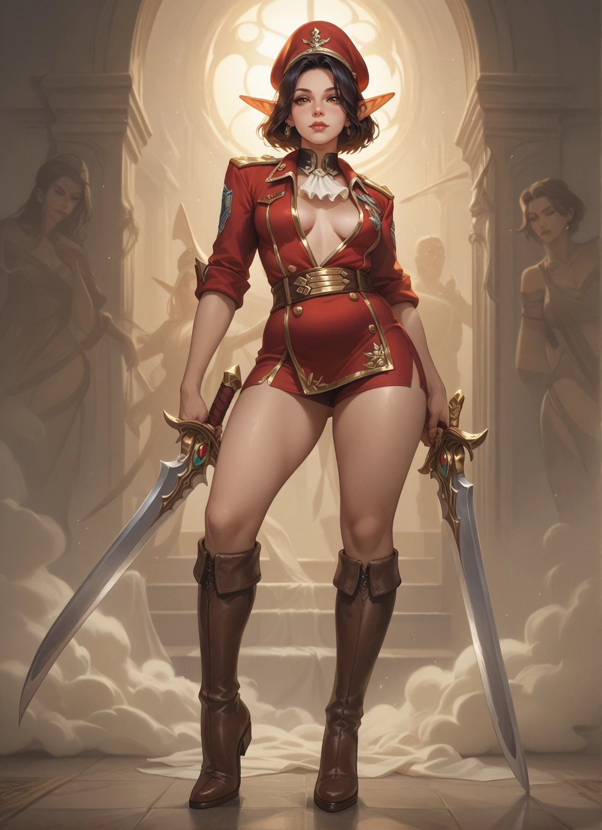 weapon, pointy ears, breasts, sword, boots, hat · Yamete.gg