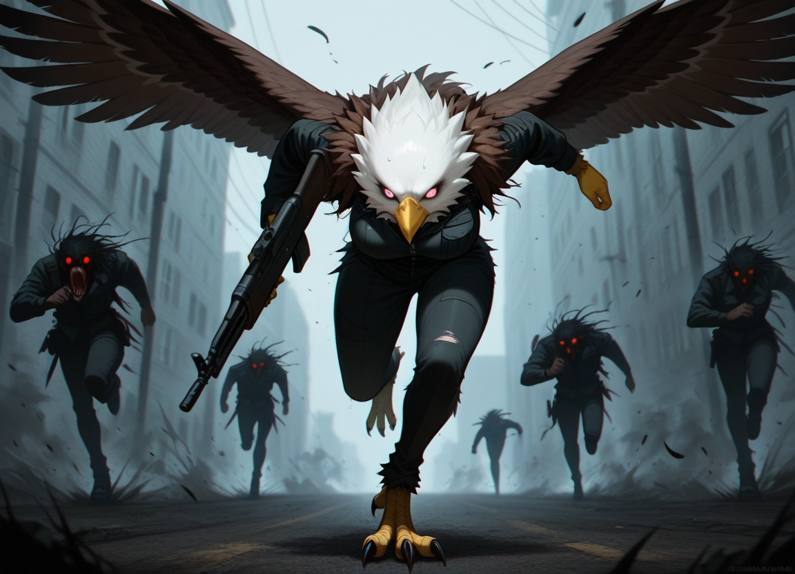 running, weapon, gun, glowing eyes, talons, feathers · Yamete.gg