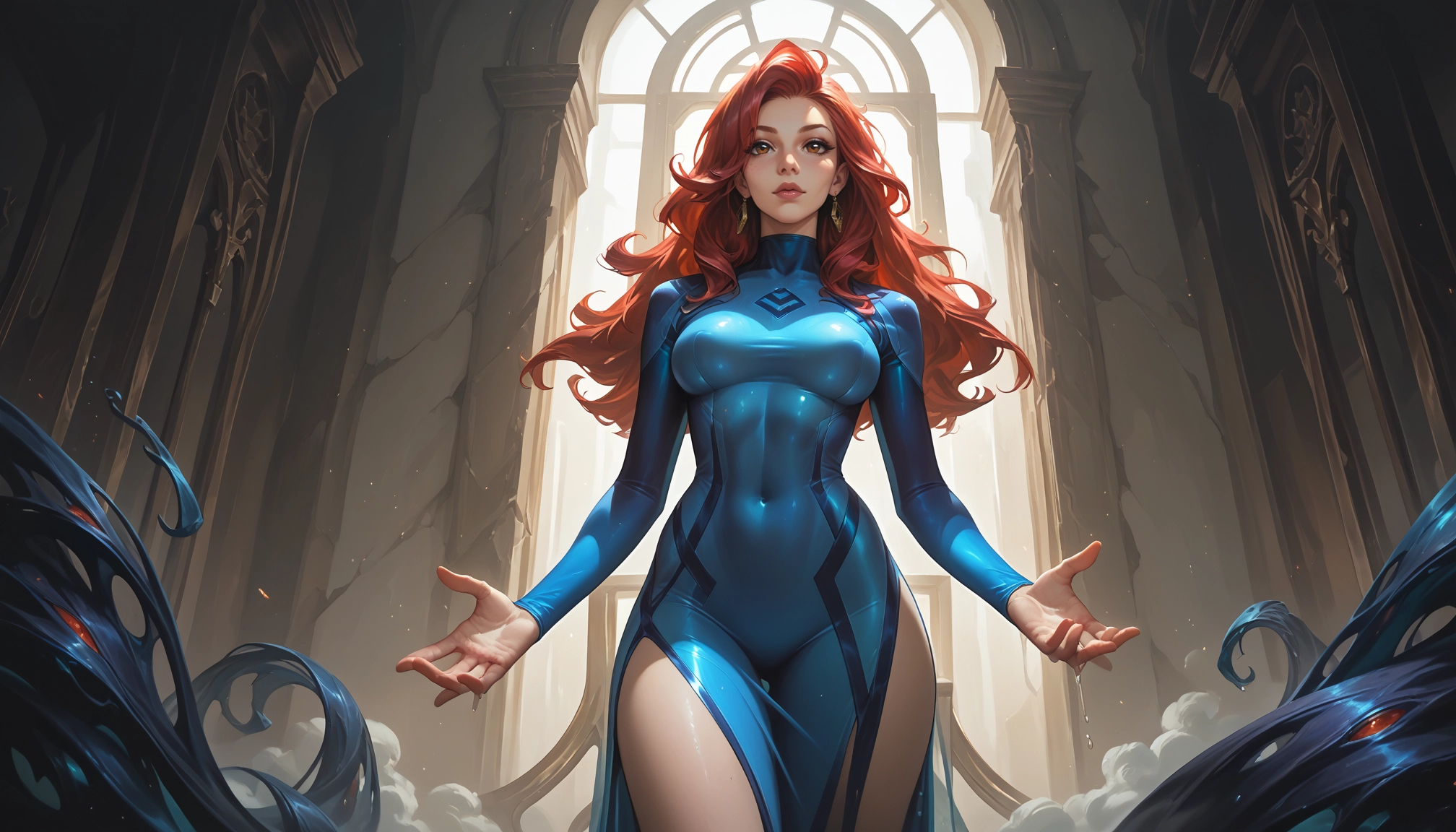 1girl, covered navel, dress, jewelry, solo, long hair · Yamete.gg