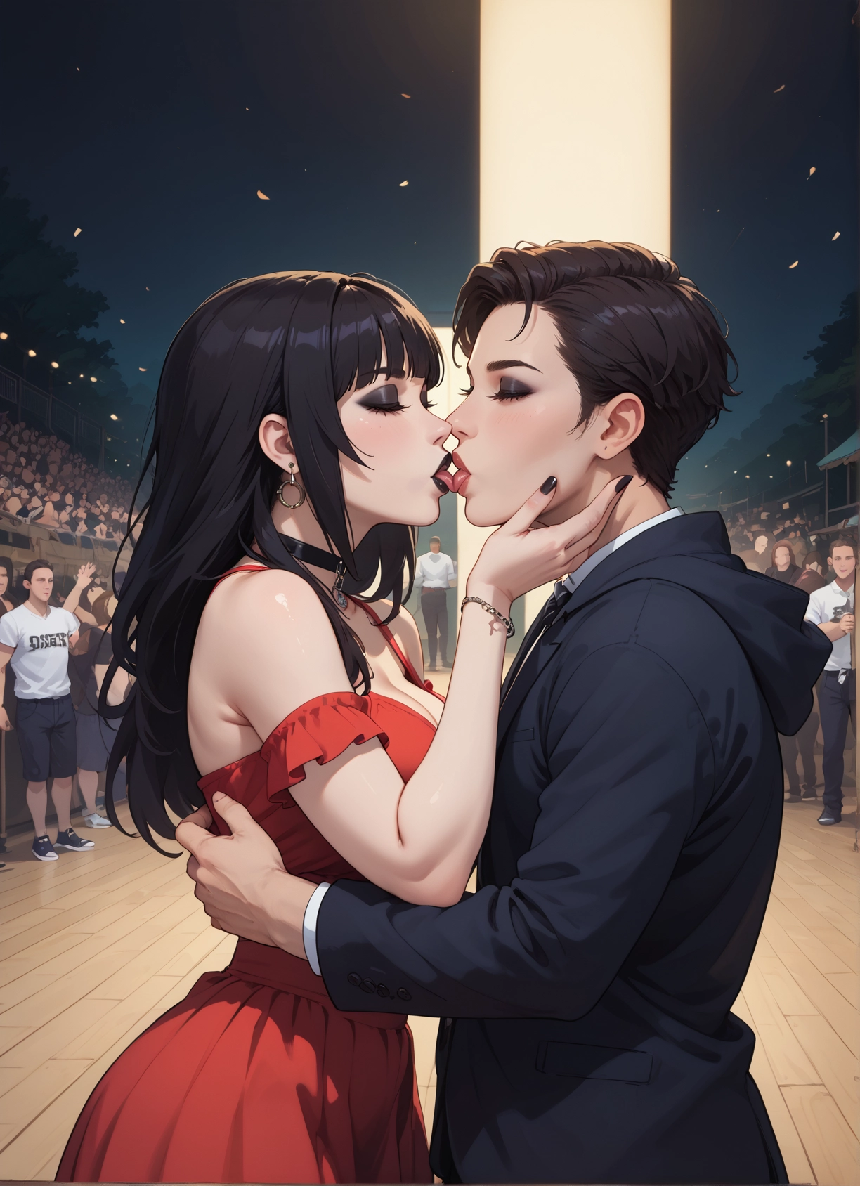 dress, jewelry, breasts, red dress, kiss, earrings · Yamete.gg