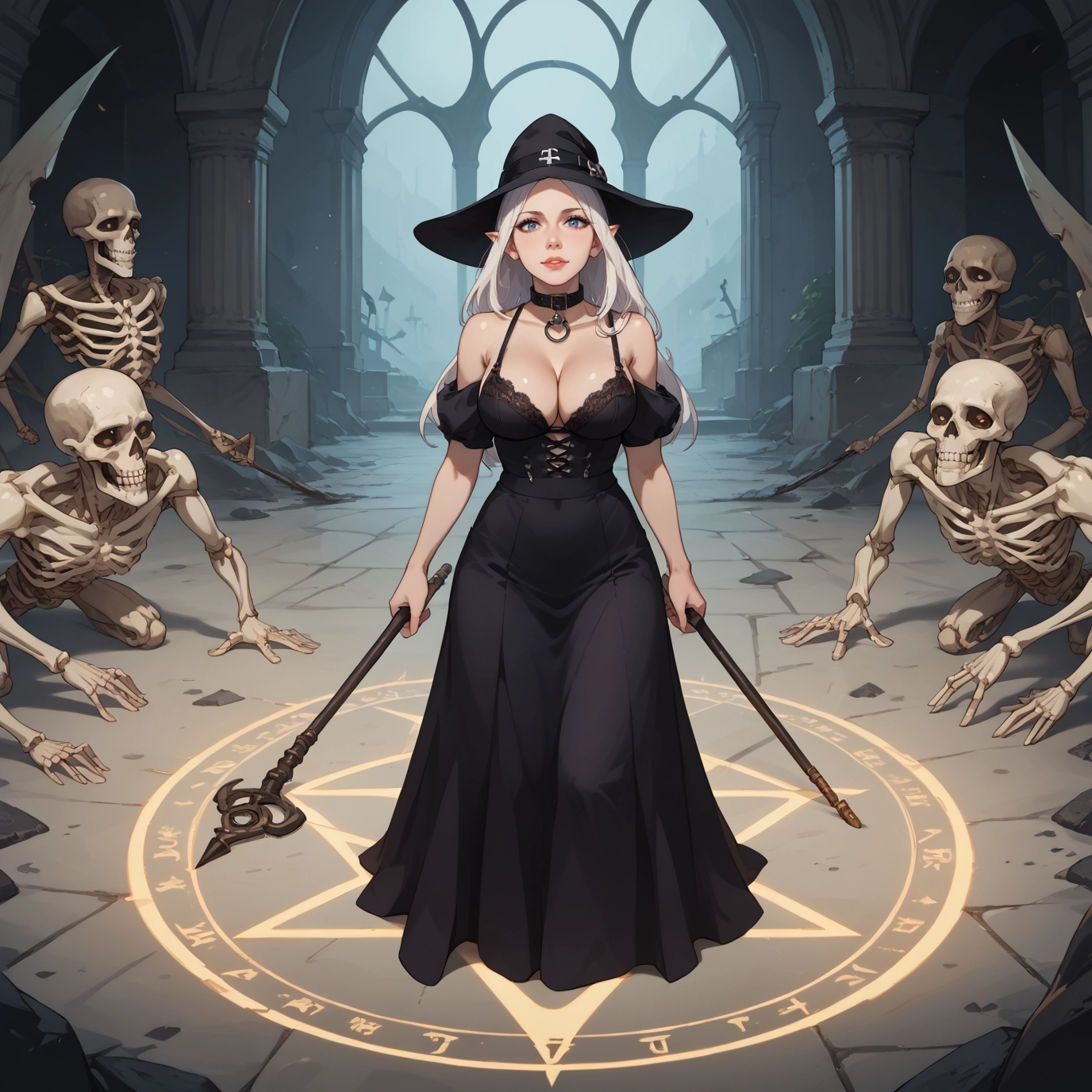 breasts, 1girl, hat, pointy ears, dress, skeleton · Yamete.gg