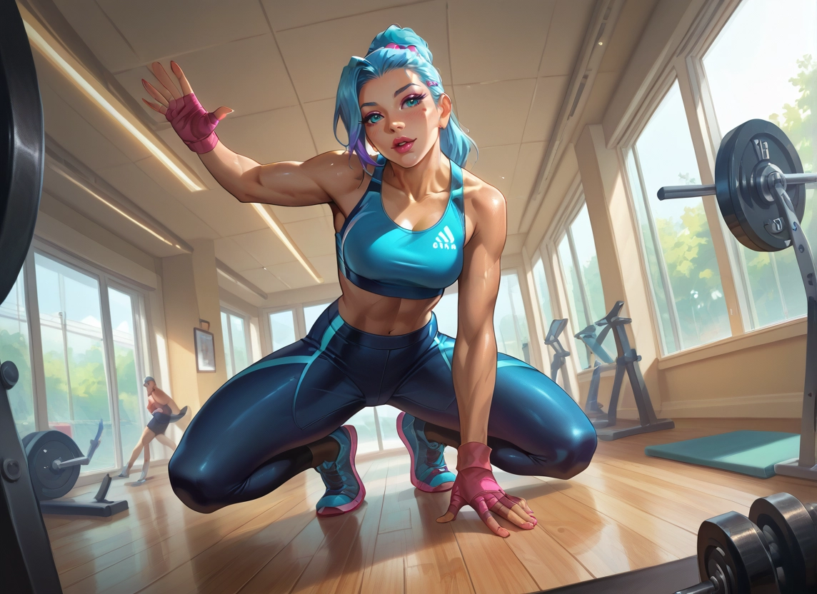 gloves, multiple girls, gym, breasts, fingerless gloves, sweat · Yamete.gg