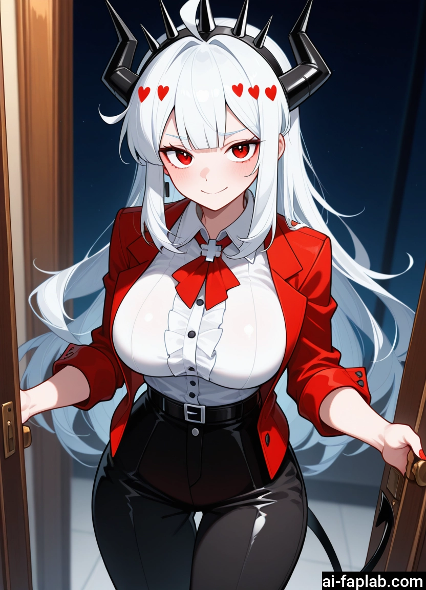 1girl, horns, breasts, red eyes, long hair, tail