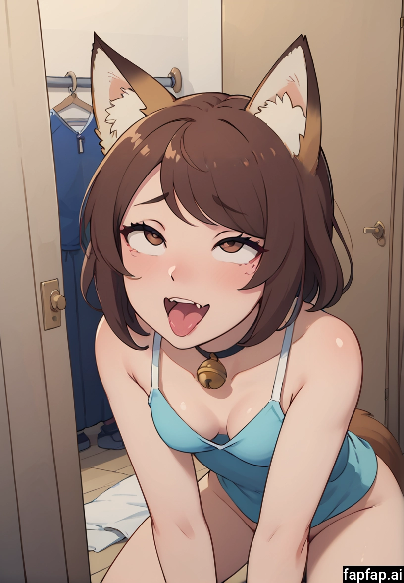 1girl, breasts, brown hair, tongue, animal ears, bell · Yamete.gg