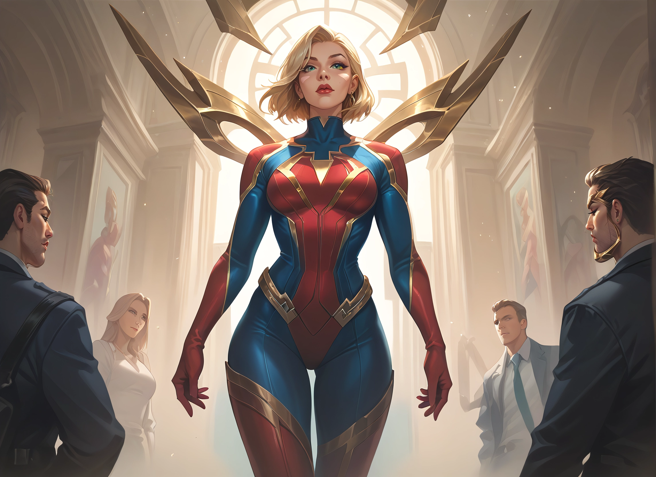 blonde hair, multiple girls, wings, bodysuit, multiple boys, jewelry · Yamete.gg