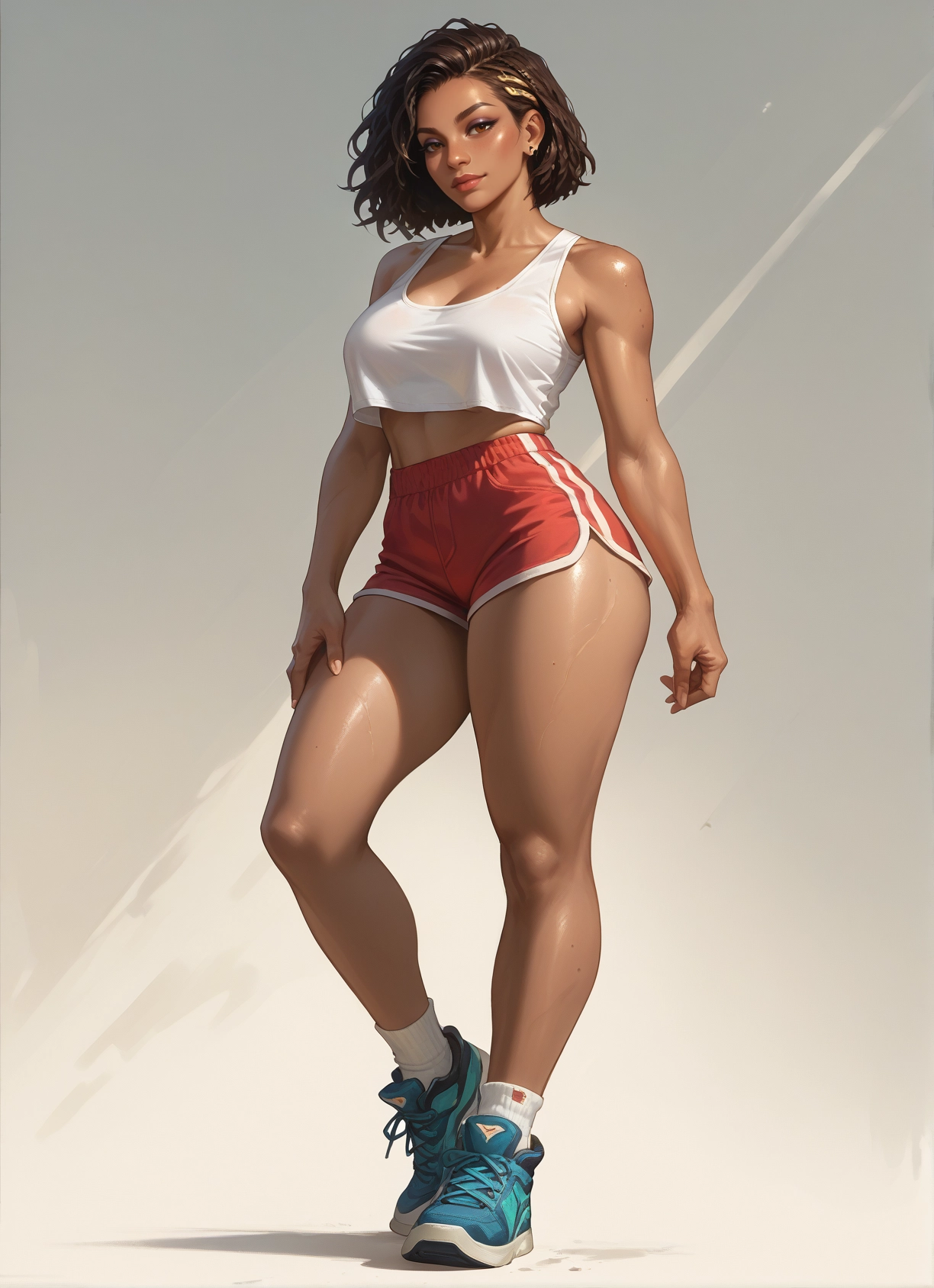 1girl, breasts, shorts, solo, shoes, brown hair · Yamete.gg
