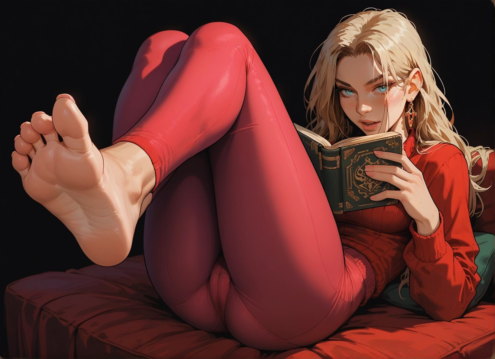 1girl, feet, jewelry, book, earrings, barefoot · Yamete.gg