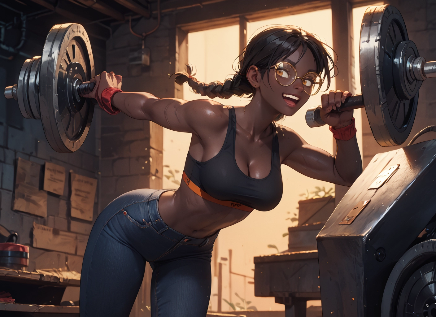 1girl, breasts, braid, pants, solo, glasses · Yamete.gg