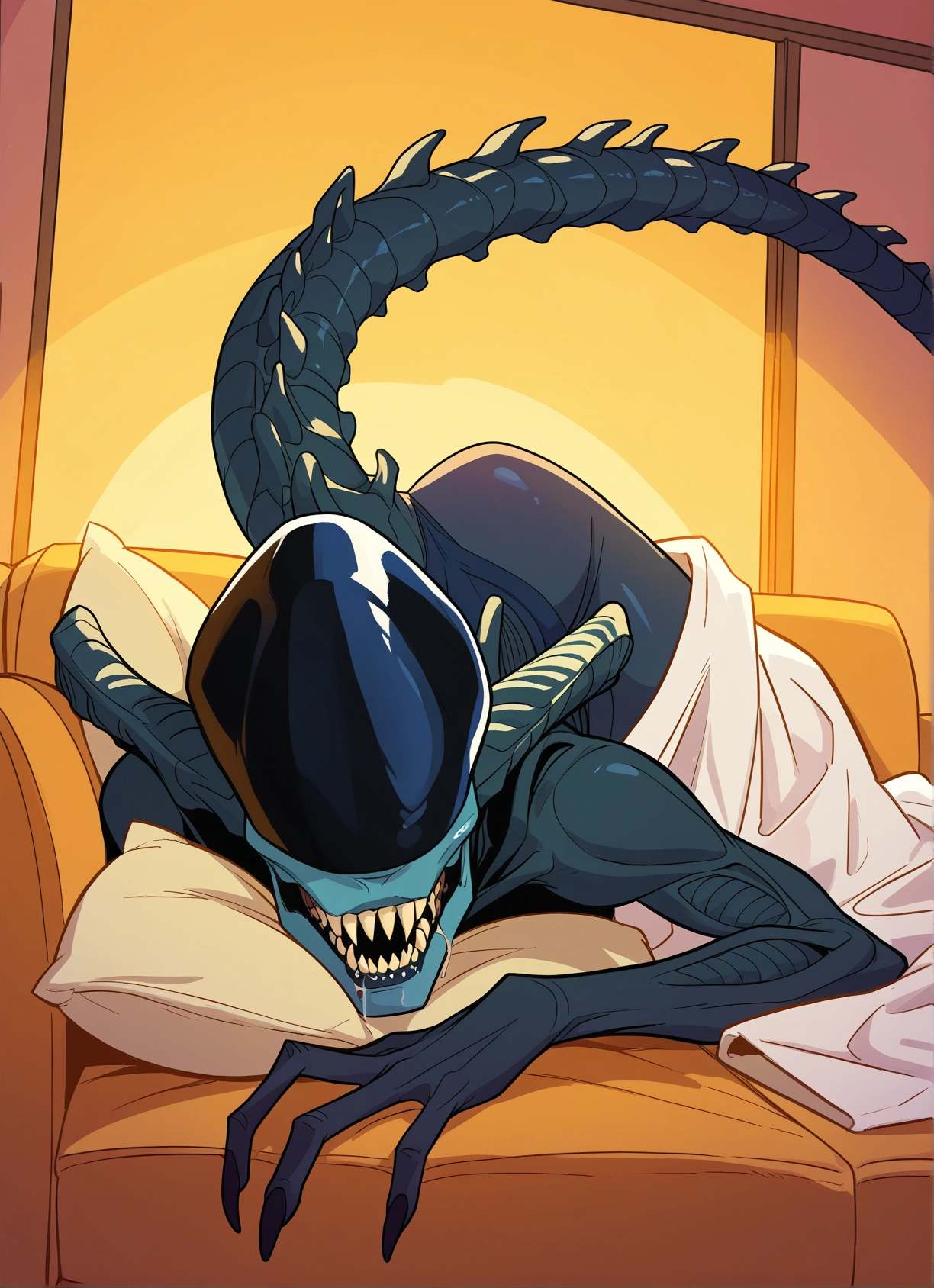 tail, solo, pillow, couch, teeth, sharp teeth · Yamete.gg