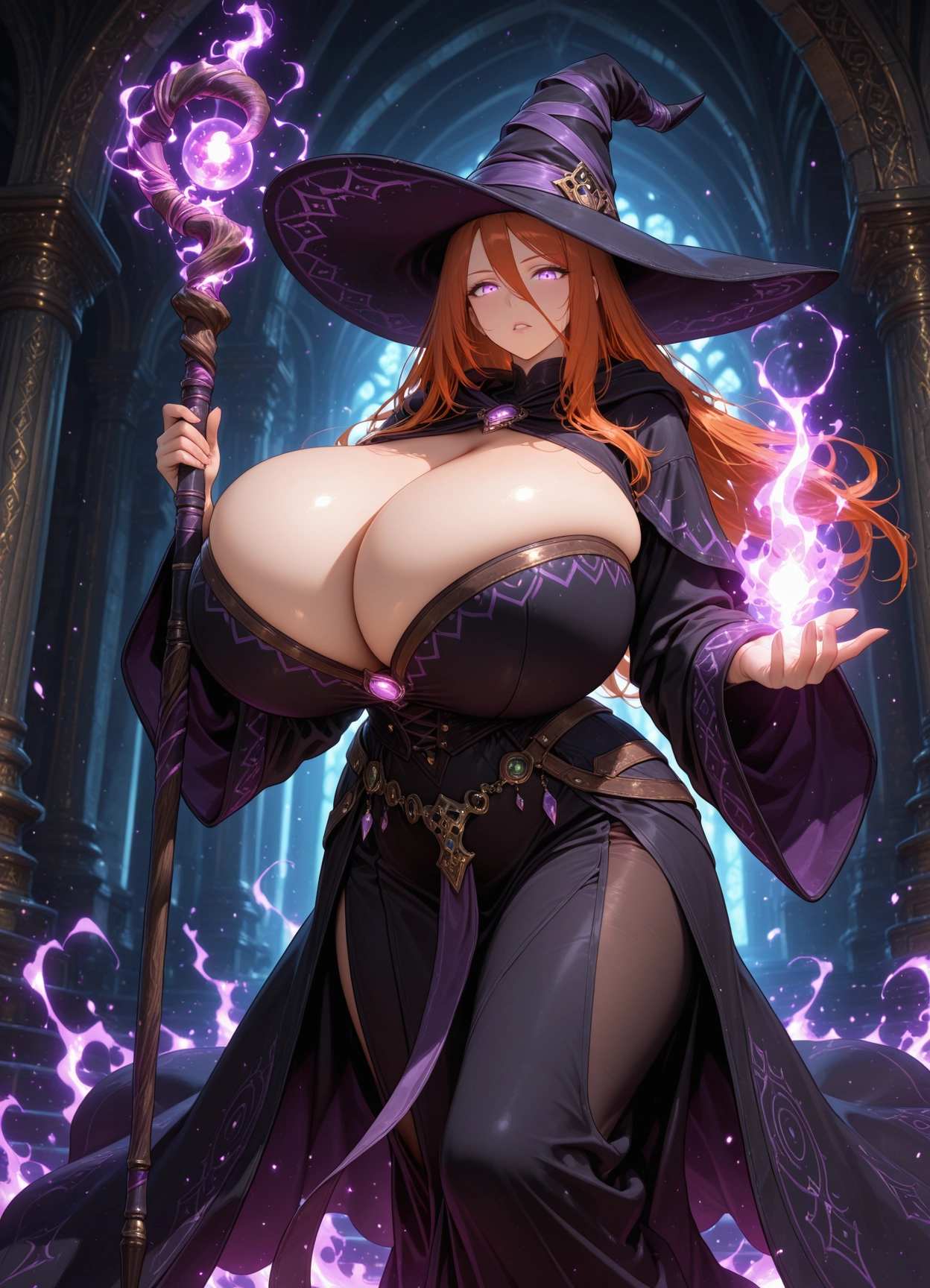 1girl, breasts, hat, witch hat, staff, long hair · Yamete.gg