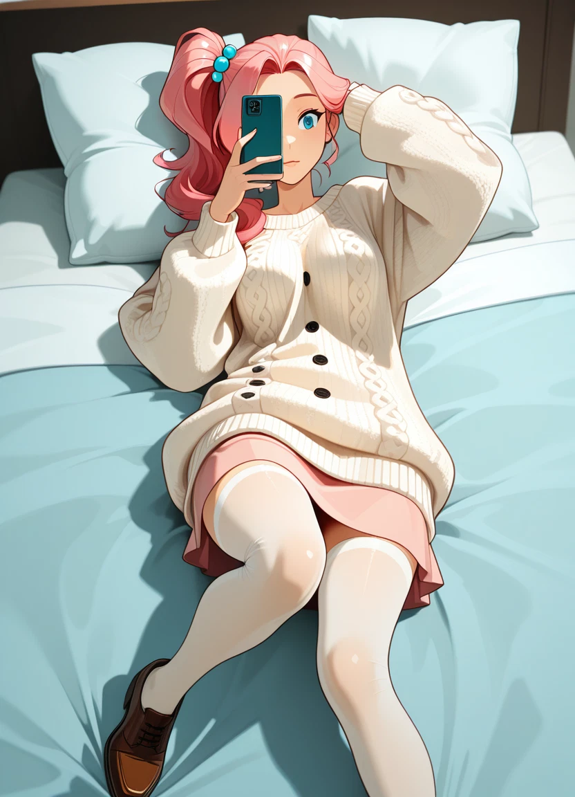 1girl, solo, thighhighs, phone, cellphone, lying