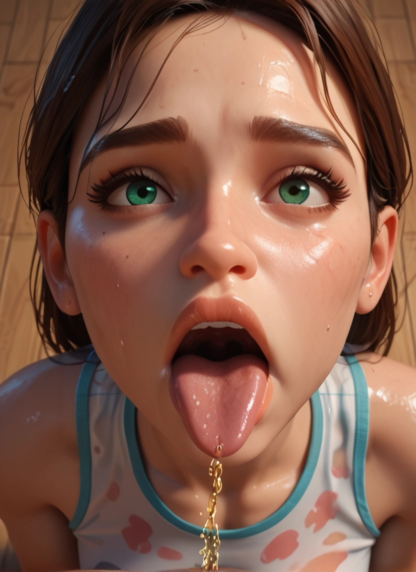 1girl, green eyes, tongue, brown hair, solo, open mouth · Yamete.gg