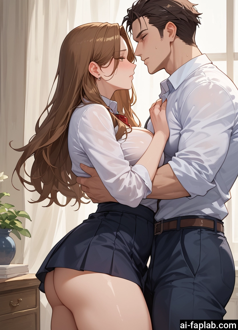 1girl, 1boy, skirt, breasts, brown hair, long hair · Yamete.gg