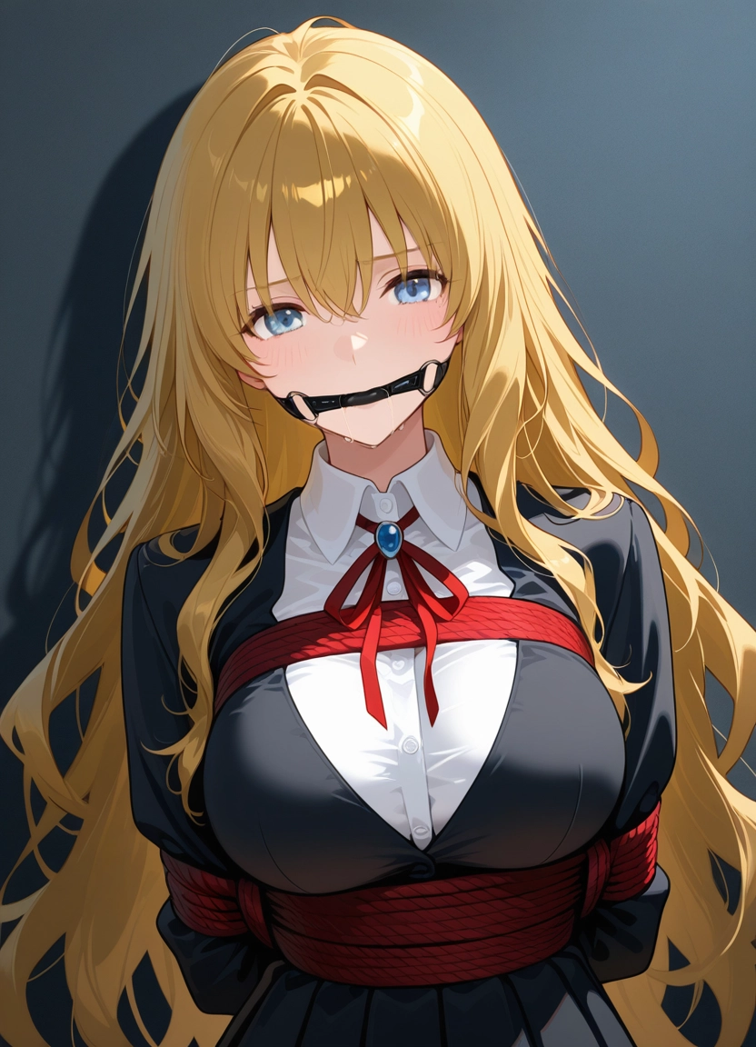 1girl, blonde hair, solo, long hair, gagged, breasts · Yamete.gg