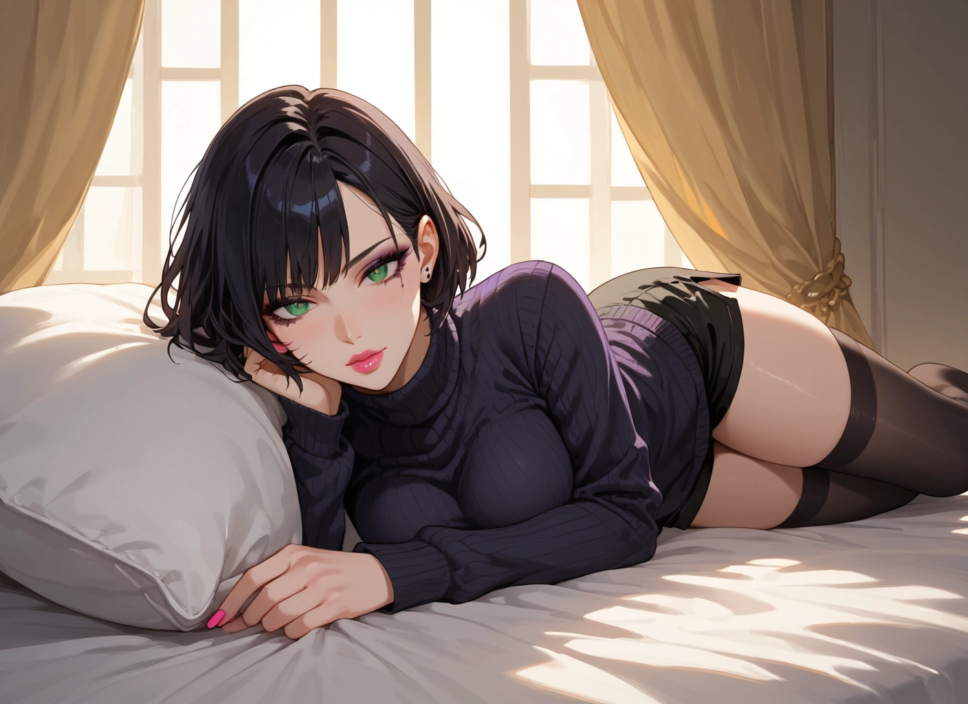 1girl, thighhighs, solo, green eyes, sweater, breasts · Yamete.gg
