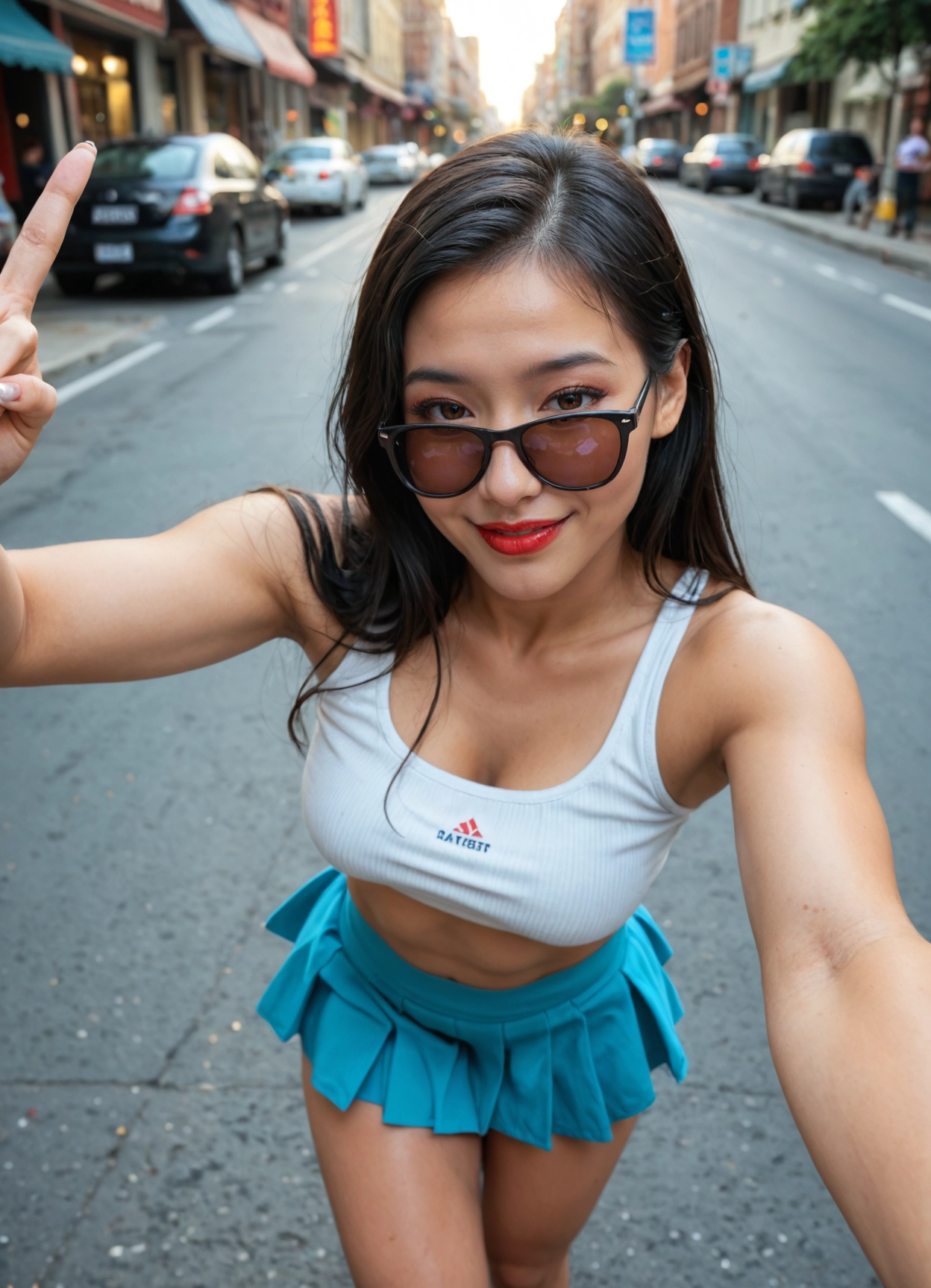 1girl, sunglasses, solo, skirt, black hair, car · Yamete.gg