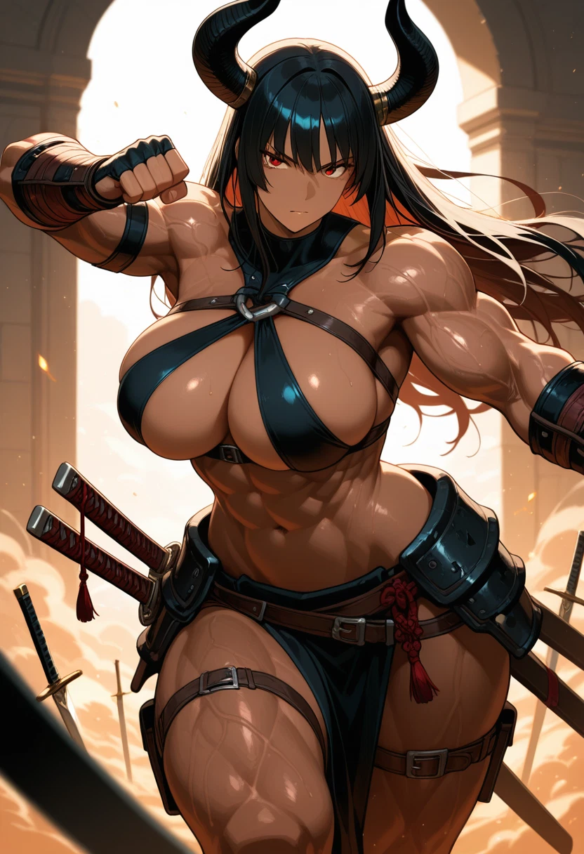 1girl, breasts, horns, muscular female, weapon, sword